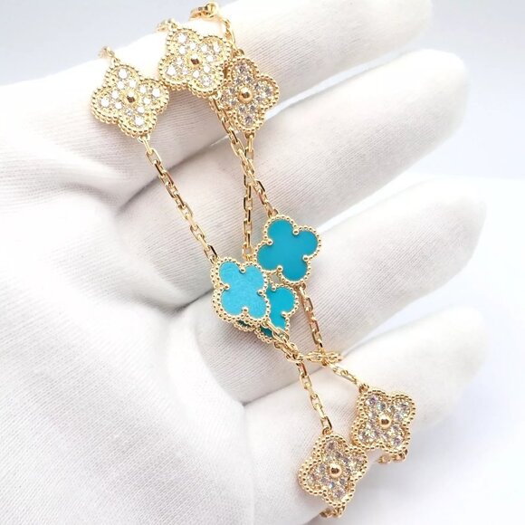 Van Cleef & Arpels 18k Yellow Gold 20 Motif Alhambra Diamond Turquoise Necklace - Picture 8 of 16